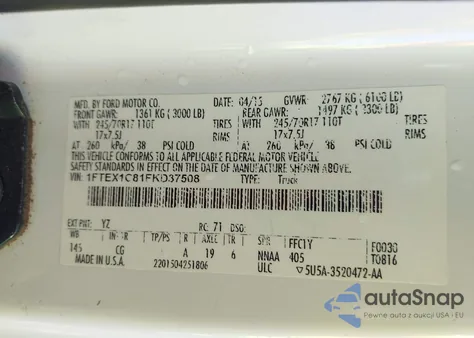 2015 Ford F-150 Xl z USA, uszkodzony, nr VIN 1FTEX1C81FKD37508